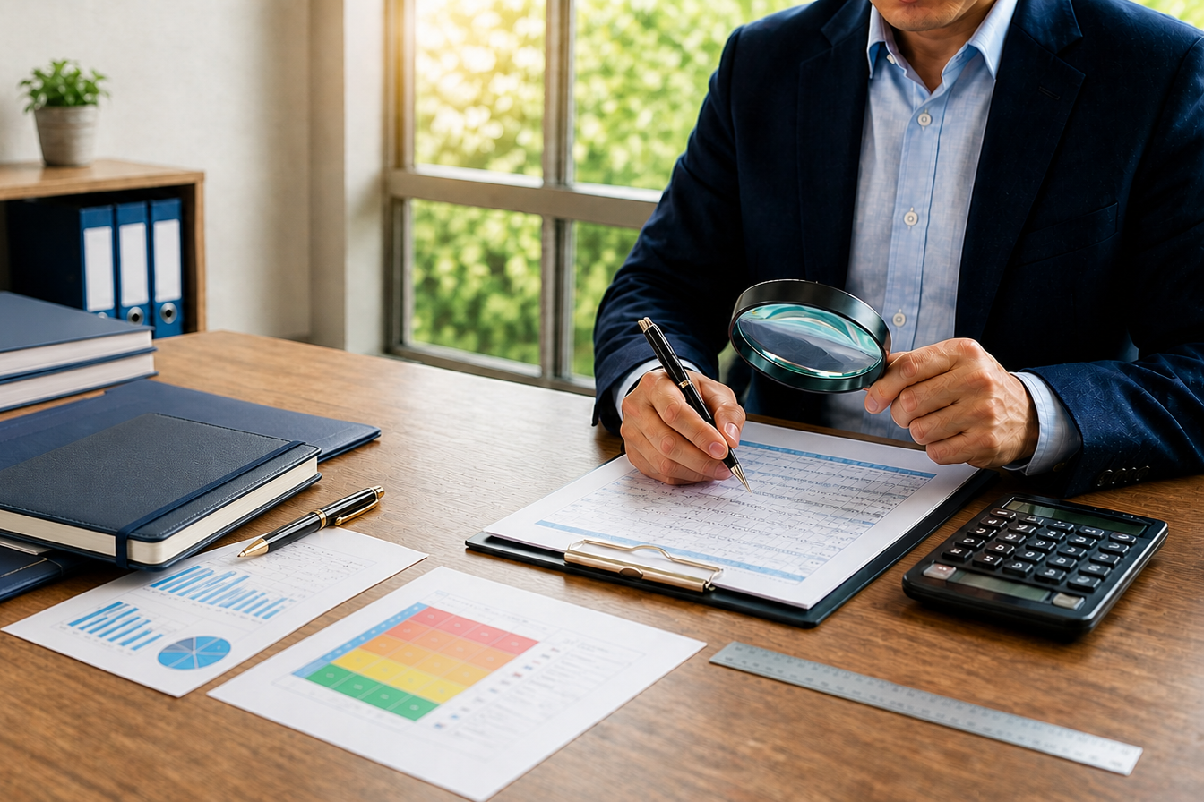 Audit professional reviewing financial records for assurance and risk management