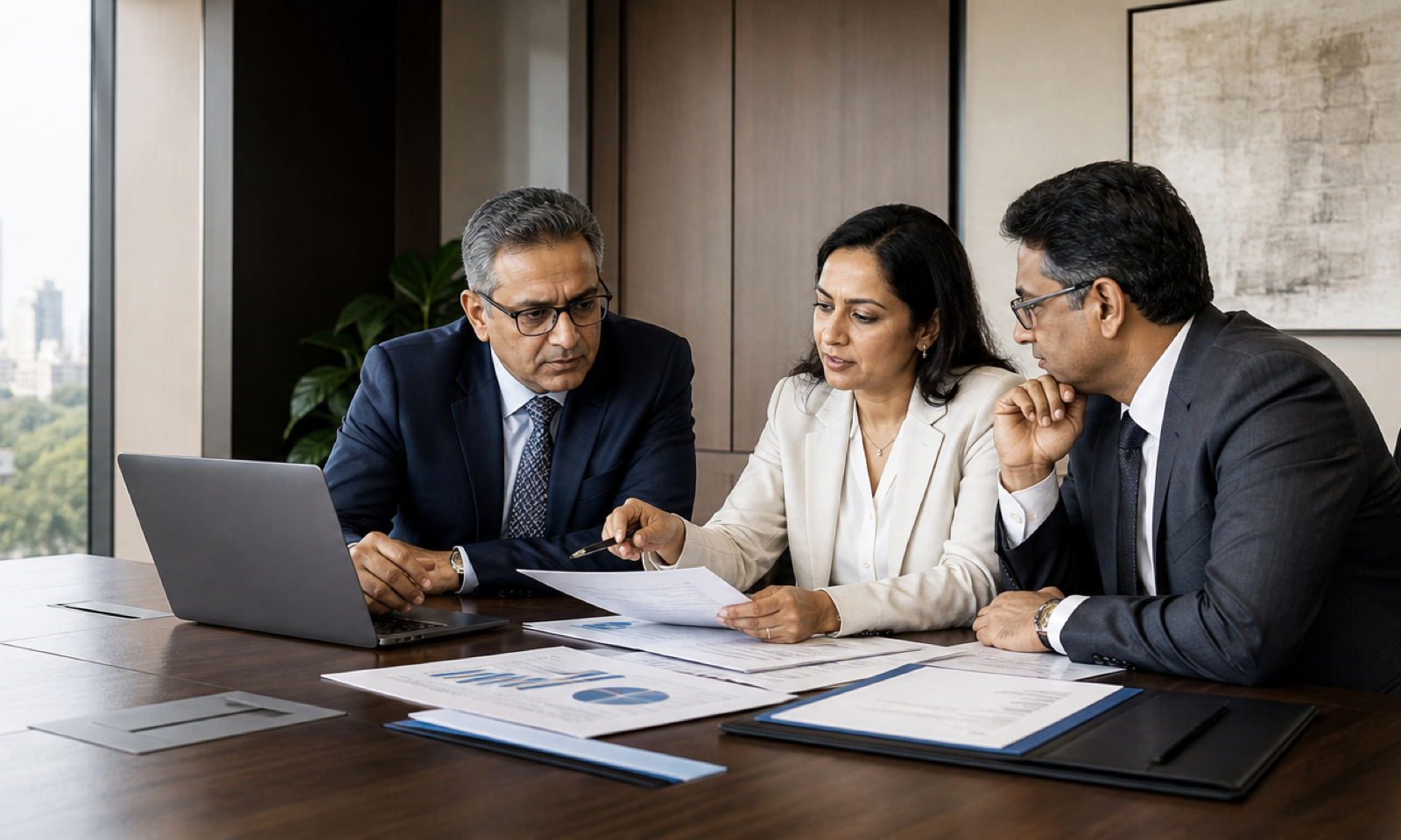 Transaction advisers reviewing a financial model and deal documents